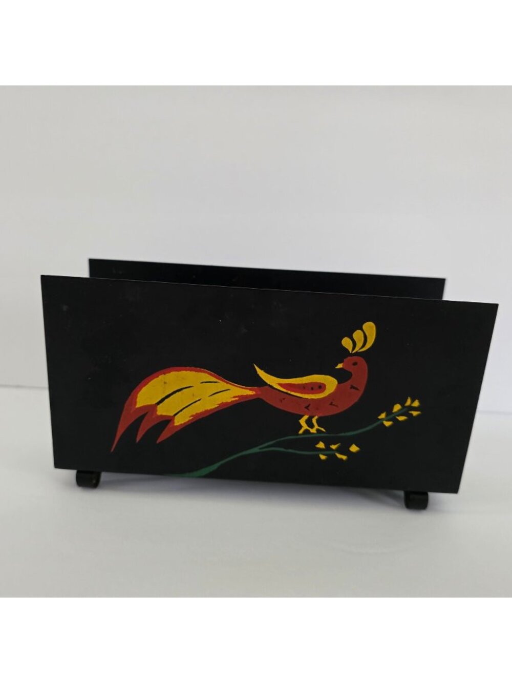 Hand-Painted Black Metal Letter Holder With Colorful Bird Design